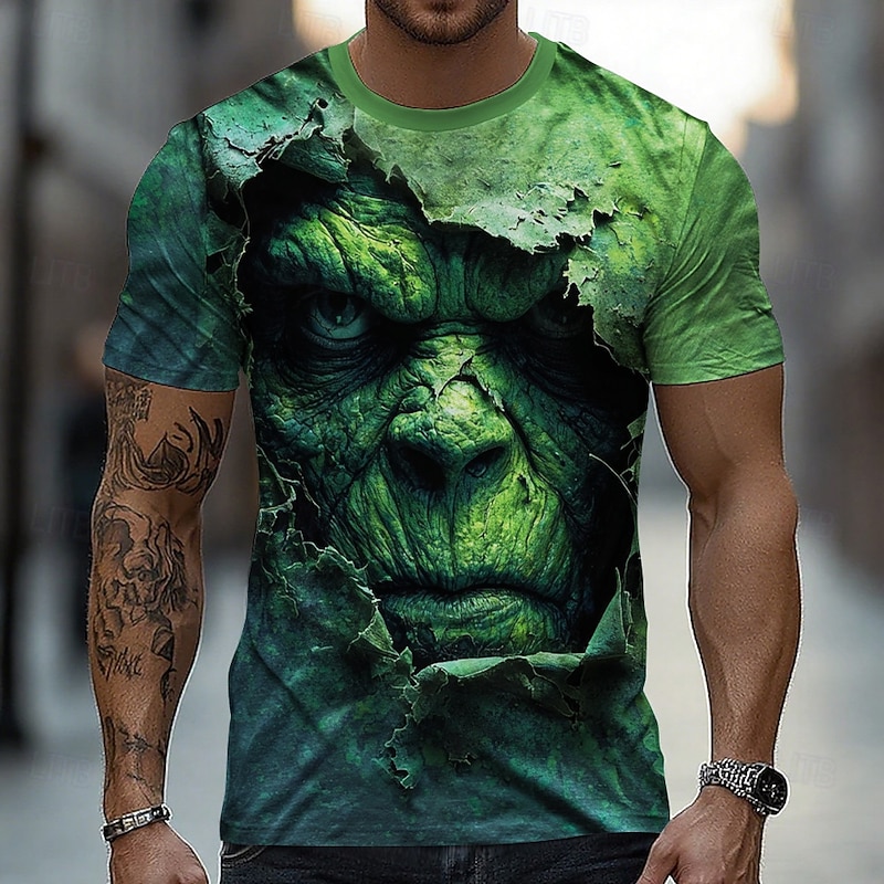 Halloween Men's Optical Illusion 3D Monster T Shirt Short Sleeve T shirt 3D Print Crew Neck Shirt Exaggerated Designer Horror Party Street Holiday Green Summer Spring All Seasons Clothing Apparel S M