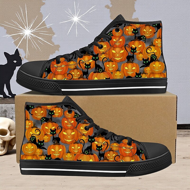 Women's High Top Canvas Sneakers with Cat and Pumpkin Print – Gothic Halloween Party Shoes for Walking and Casual Wear3