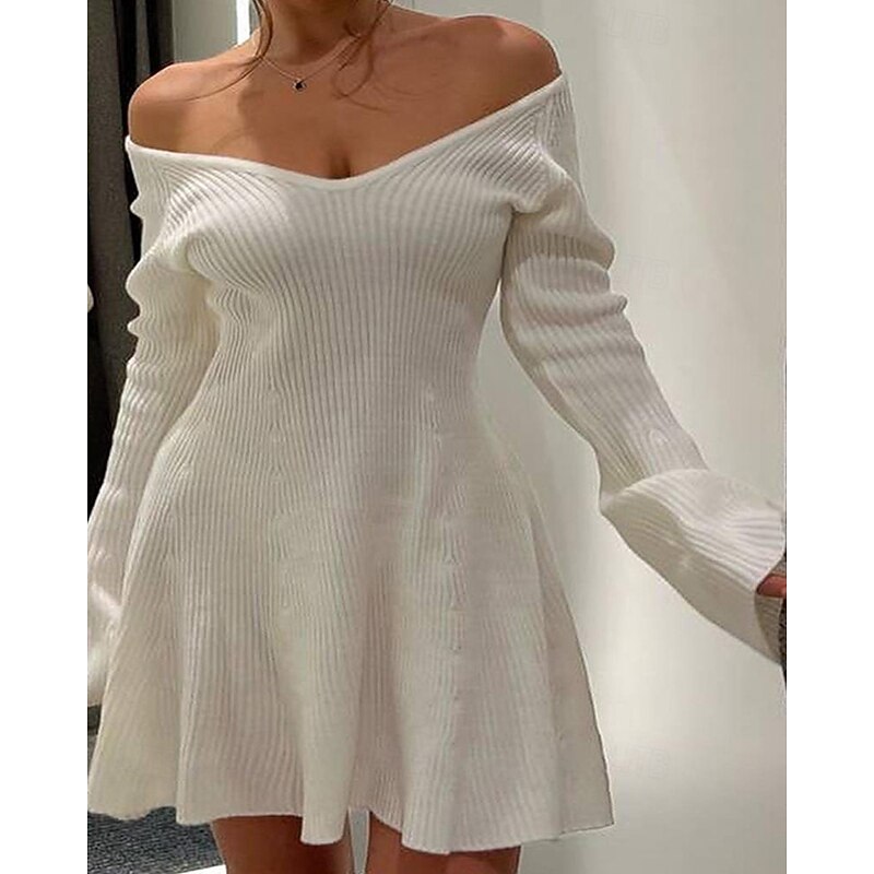 Women's Mini Dress Sweater Dress Bodycon Sheath Dress Fashion Modern Daily Weekend Regular Fit Plain Long Sleeve V Neck Black White Spring Fall2