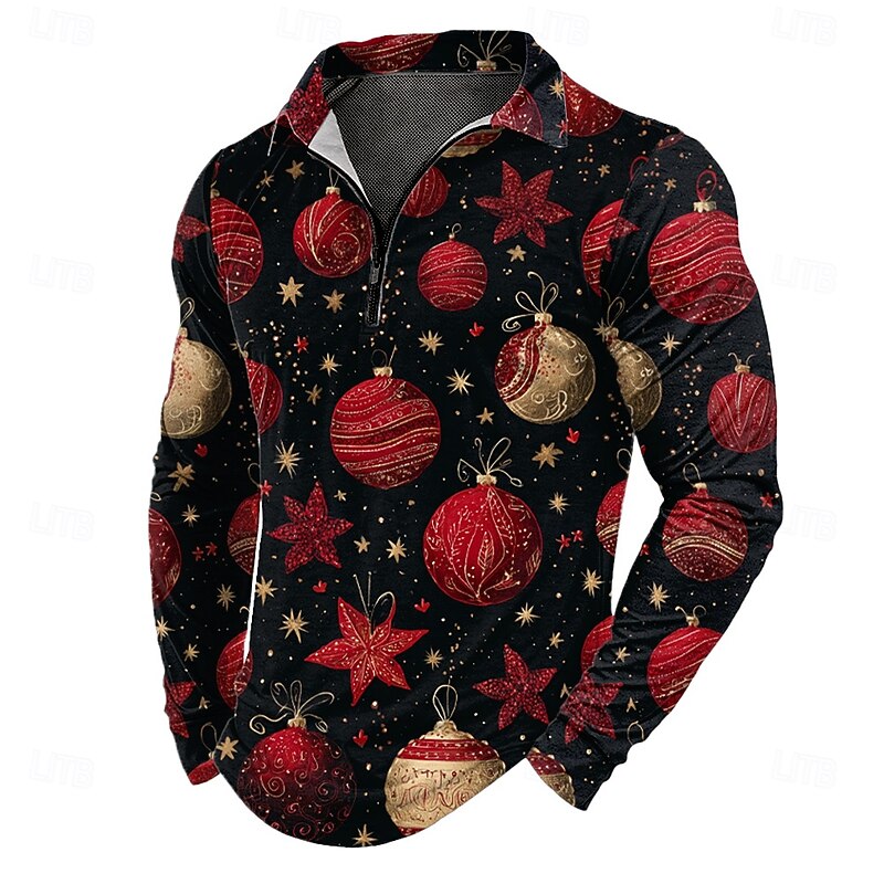 Christmas Men's Bells Zip Polo Shirts Long Sleeve Polo Shirts Lapel Casual Outdoor Holiday Festival Outfit 3D Print Fall Winter Red Blue