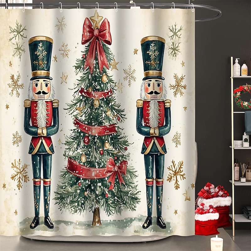 Christmas Shower Curtains Nutcracker Christmas Tree Ornament Balls Christmas Stockings Modern Waterproof Polyester Fabric Bathroom Home Decoration with Hooks Holiday Winter Festive Seasonal Decor4
