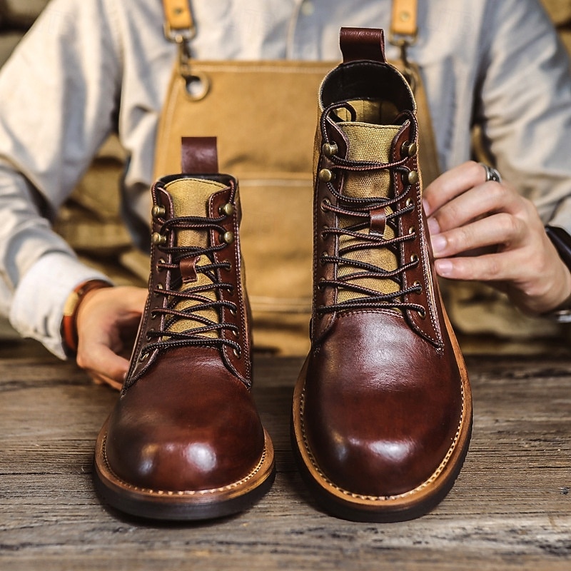 Men's Brown and Tan Lace-Up Work Boots with Contrast Panels, Rugged Mid-Calf Design for Gentlemen, Suitable for Outdoor Work, Hiking and Casual Outfits4