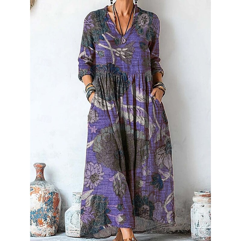 Women's Maxi Dress Sundress Pleated Dress Vacation Casual Boho Going out Beach Graphic Paisley Long Sleeve V Neck Purple Brown Green Gray Spring Fall Winter Autumn2