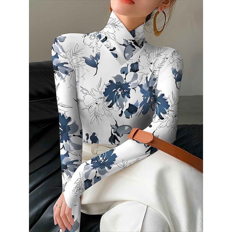 Women's T Shirt Floral Graphic Plants Elegant Vintage Stylish Long Sleeve High Neck Asymmetric Neck Regular Tops Daily Print Tiered Blue Orange Spring Fall Winter