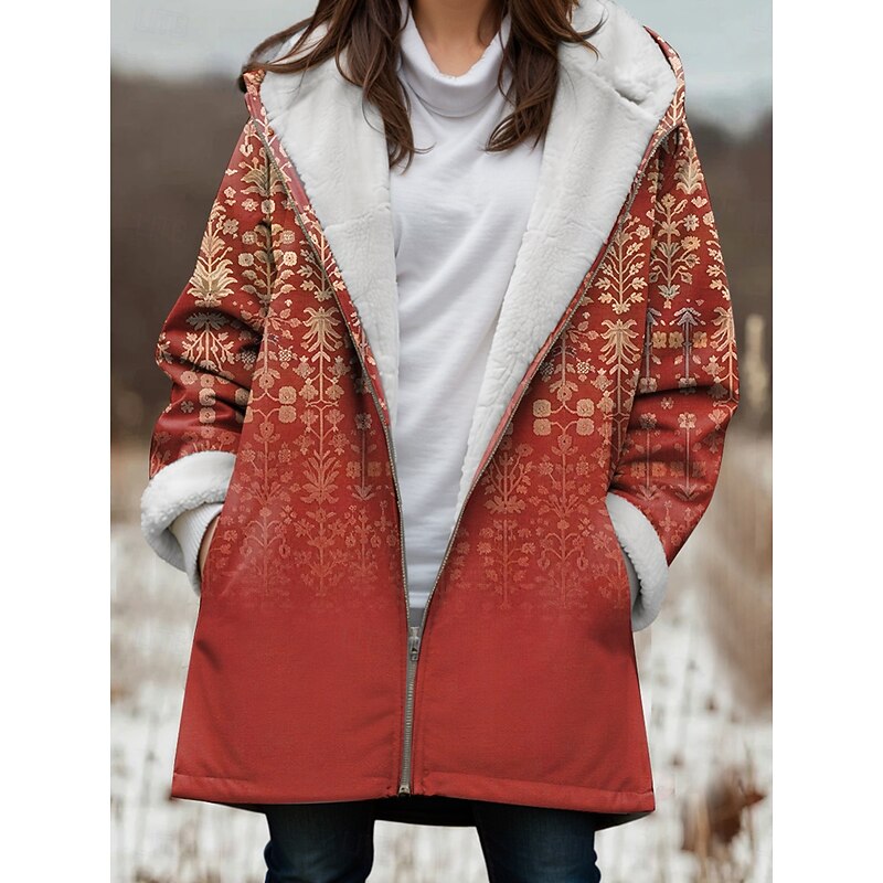 Women's Fleece Jacket Teddy Coat Hoodie Jacket Warm Breathable Zipper Pocket Fleece Lined Casual Floral Vacation Street Casual Daily Wear Zipper Long Hoodie Regular Fit Long Sleeve Outerwear Black2