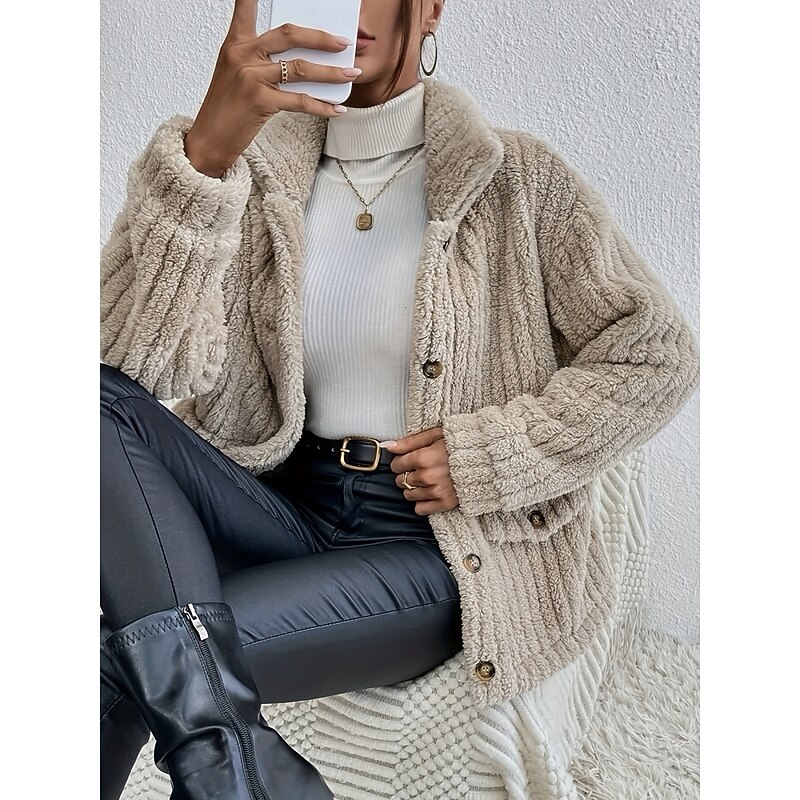 Women's Winter Coat Sherpa Jacket Comfortable Breathable Pocket Buttons Casual Plain Vacation Street Casual Daily Wear Single Breasted Regular Turndown Regular Fit Long Sleeve Outerwear Black Khaki2
