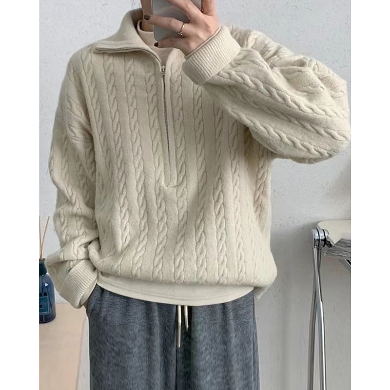 Women's Sweater Casual Soft Solid Color Ribbed Half Zip Knitted Long Sleeve Regular Tops Knit Outdoor Daily Weekend Beige Fall Winter