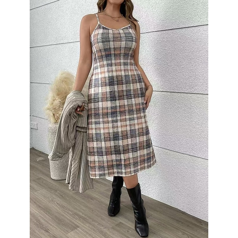 Women's Sweater Sweater Dress Sweater Set Elegant Fashion Streetwear Plaid Ribbed V Neck Patchwork Print Long Sleeve Long Tops Knit Outdoor Daily Weekend Khaki Fall Winter3