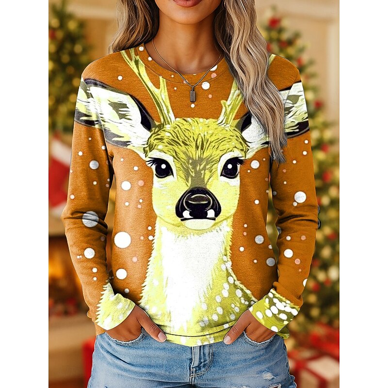 Christmas Women's T Shirt Graphic Reindeer Vintage Stylish Classic Long Sleeve Crew Neck Regular Tops Weekend Print Red Blue Purple Orange Fall Winter3