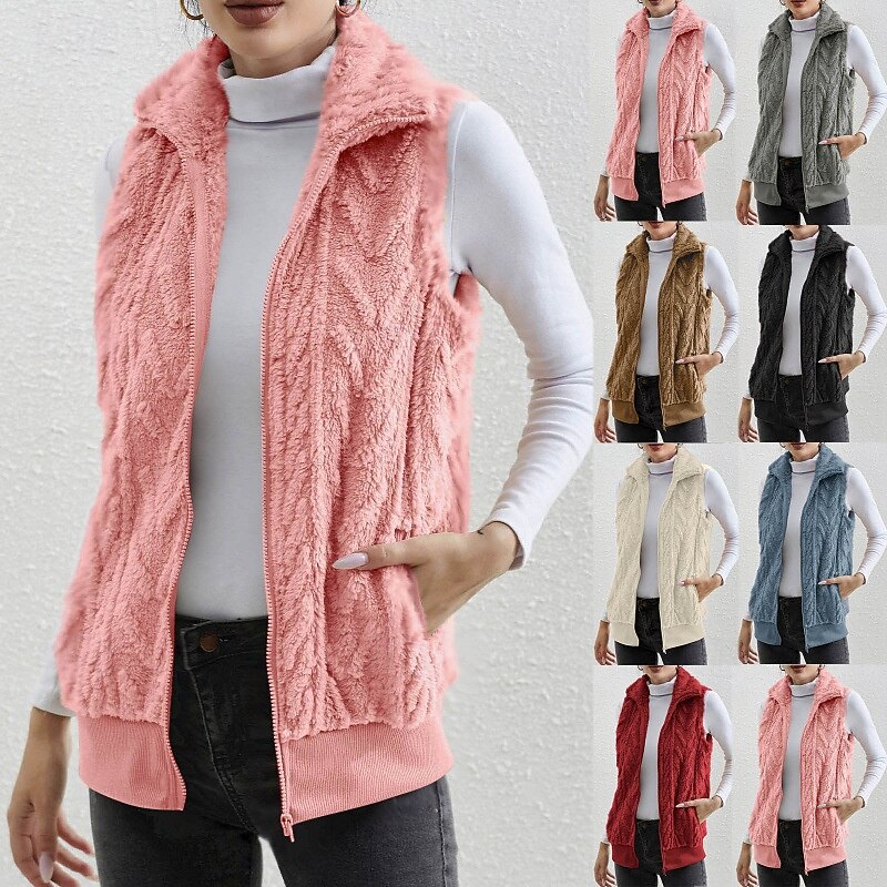 Women's Winter Coat Fleece Vest Sherpa Jacket Comfortable Breathable Zipper Casual Plain Vacation Street Casual Daily Wear Zipper Regular Turndown Regular Fit Sleeveless Outerwear Black Pink Red