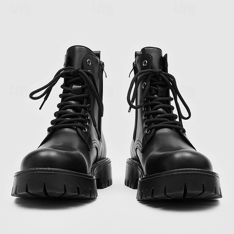 Black Faux Leather Men's High-Top Boots with Winged Pattern, Lace-Up Closure, and Rugged Sole – Ideal for Harley Riders, Punk Style Enthusiasts, Casual Outings and Everyday Wear4