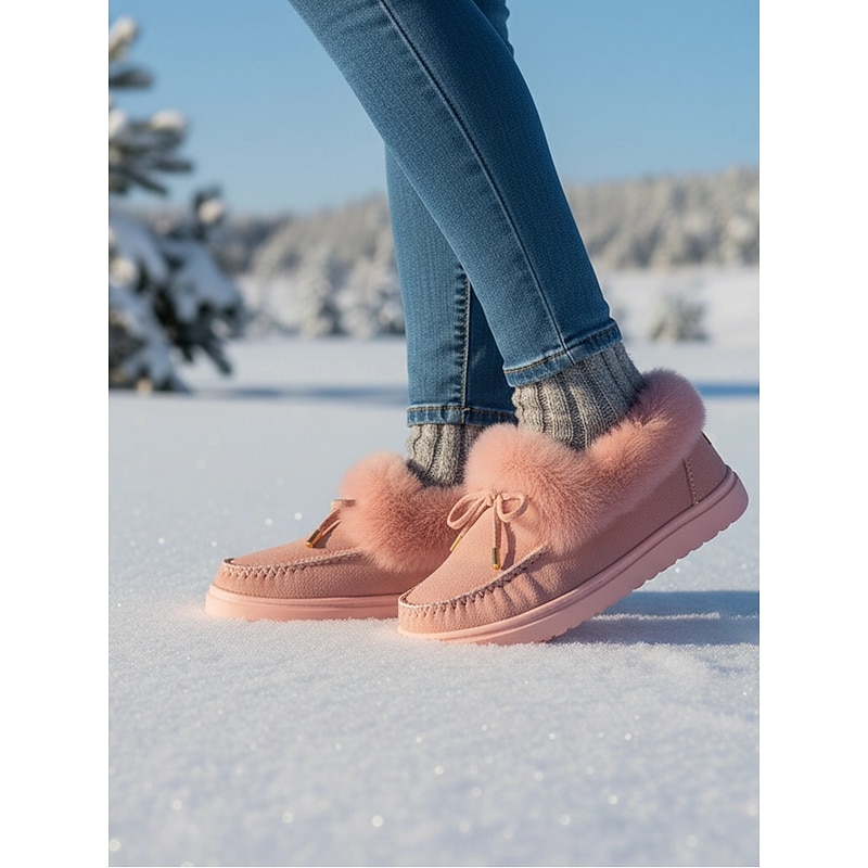 Women's Pink Faux Fur Lined Winter Sneakers with Suede Upper - Cozy Warm Snow Shoes for Casual Outdoor Wear