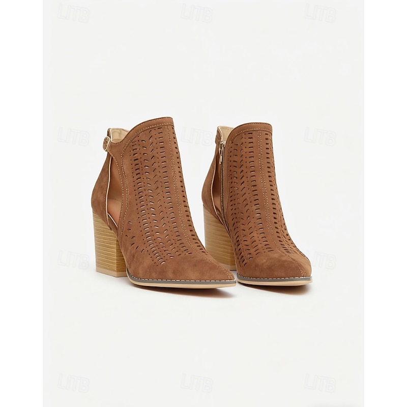 Women's Brown Suede Cutout Ankle Booties - Western Vintage 1970s Style Chunky Heel Side Zipper Boots for Ladies, Ideal for Music Festivals, Fall Outfits, and Halloween Costumes4