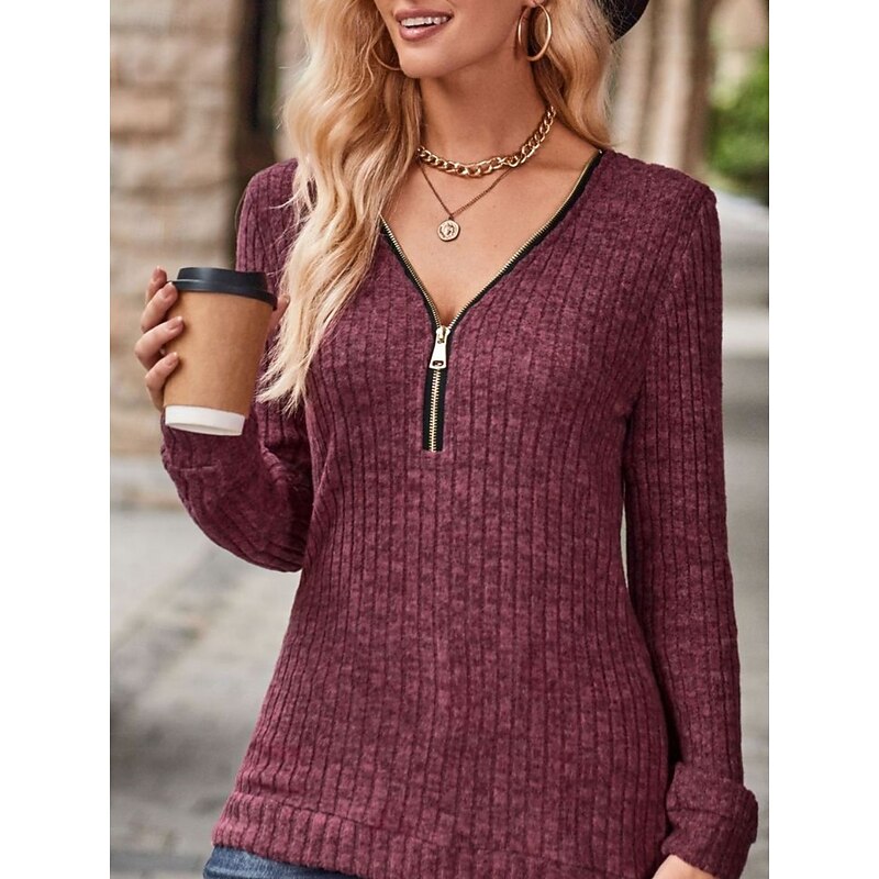 Women's Blouse Solid Color Stylish Casual Long Sleeve V Neck Regular Tops Daily Zipper Black Blue Fuchsia Green Khaki Spring Fall Winter3
