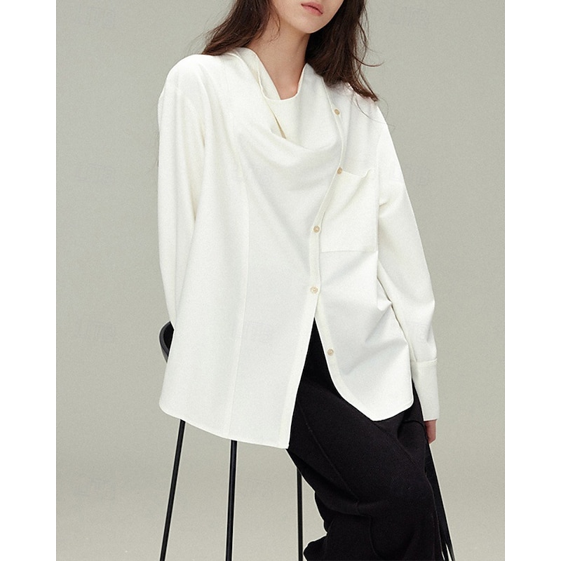 Women's Shirt Blouse Plain Elegant Vintage Long Sleeve Asymmetrical Regular Tops Holiday Going out Buttons White Gray Spring Fall4