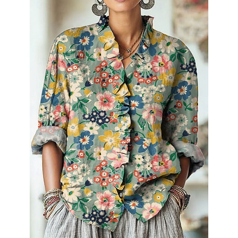 Women's Boho Shirt Floral Graphic Elegant Vintage Daily Long Sleeve Half Sleeve V Neck Regular Tops Work Daily Holiday Ruched Ruffle Yellow Red Green Summer Spring Fall3