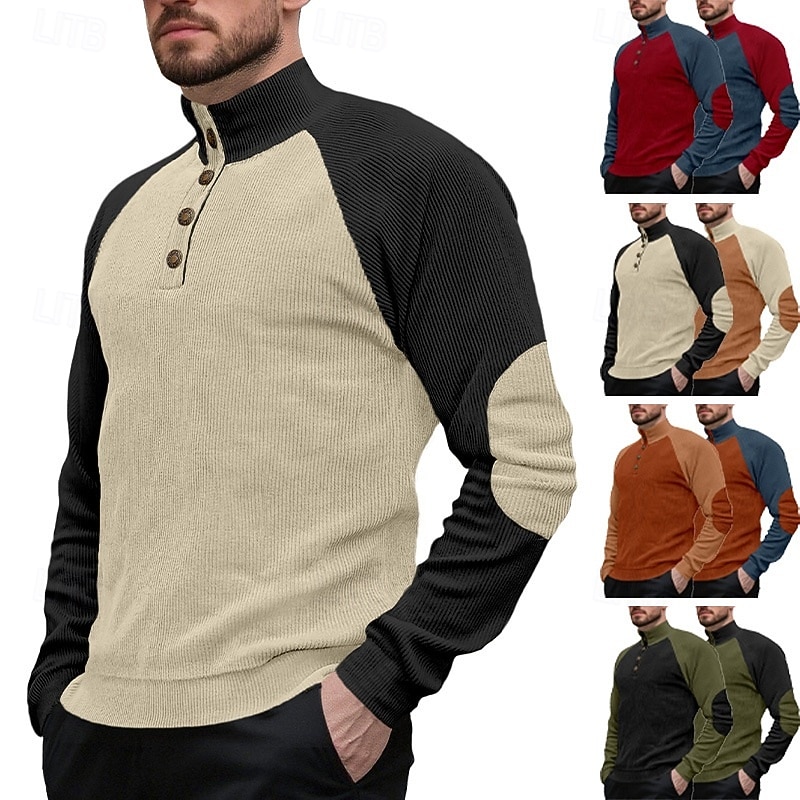 Men's Sweatshirt Corduroy Pullover Hoodie Sweatshirt Button Up Hoodie Apricot Wine Army Green Navy Blue Brown Standing Collar Plain Patchwork Sports & Outdoor Casual Daily Streetwear Cool Sportswear