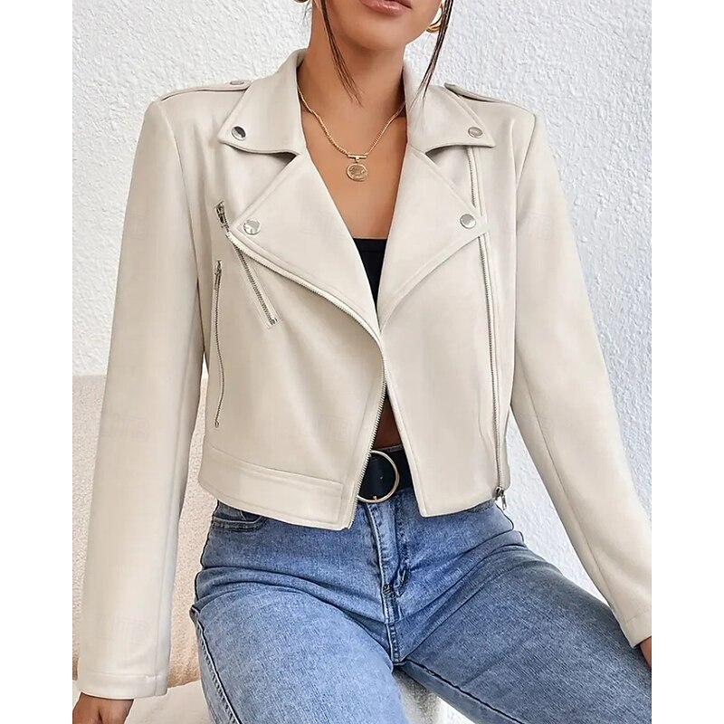 Women's Faux Leather Jacket Comfortable Zipper Pocket Casual Plain Outdoor Street Daily Wear Going out Short Turndown Regular Fit Long Sleeve Outerwear Khaki Apricot Fall Winter