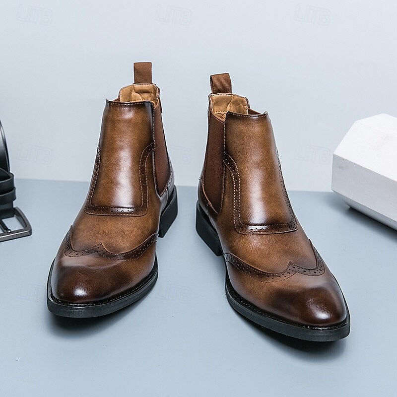 Men's Brown Faux Leather Chelsea Boots – Classic Slip-On Ankle Dress Shoes with Brogue Detailing for Business, Office and Formal Occasions3