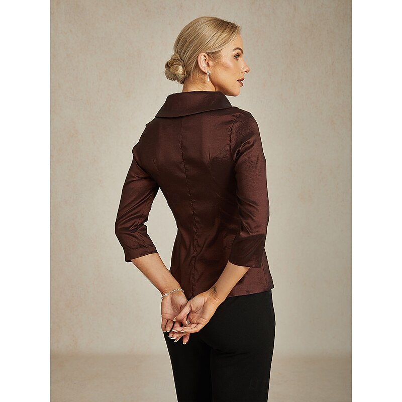 Women's Blouse Evening Tops Elegant Metallic Stylish 3/4 Length Sleeve V Neck Regular Tops Wedding Guest Evening Party Semi Formal Tie Front Brown Spring, Fall, Winter, Summer2