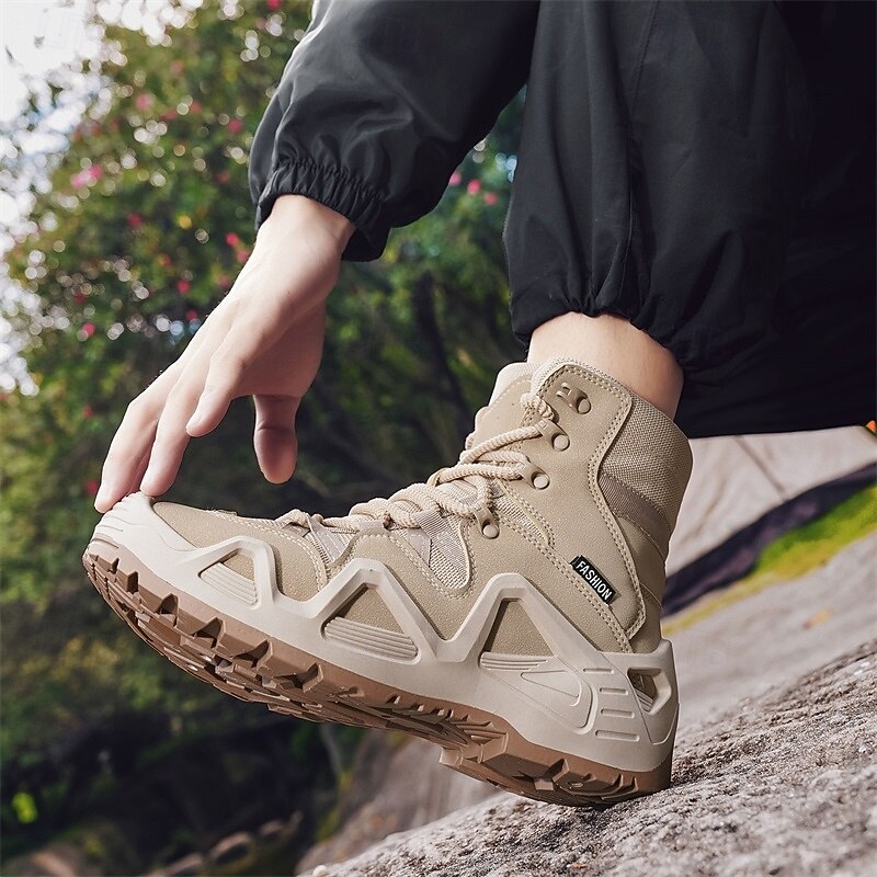 Men's Beige High Top Hiking Boots with Breathable Mesh Design, Lightweight Outdoor Trekking Shoes for Camping, Travel, and Adventure Sports4