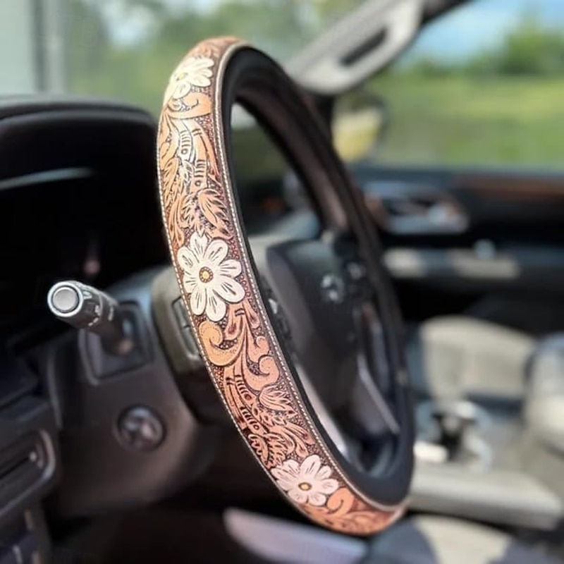 Western Steering Wheel Cover Leather Retro Cowboy Car & Truck Accessory, Universal 15 Inch Anti-Slip Wheel Cover for SUV, Pickup, Comfortable Grip, Easy to Install3