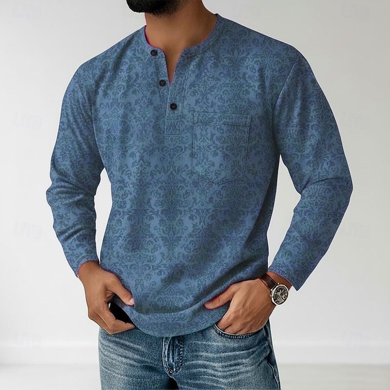 Men's Paisley Henley Shirt T shirt Tee Long Sleeve Retro Vintage Casual Casual Spring Fall All Seasons Blue Green Purple Khaki Henley Henley T-Shirt2