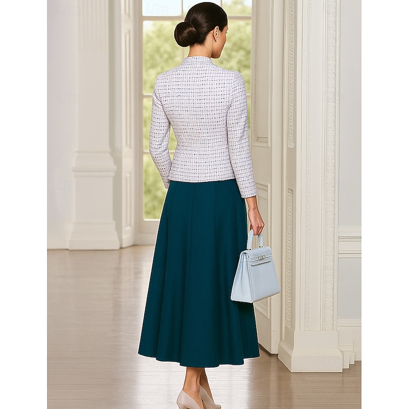 Two Piece Dress Sets Mother of the Bride Dress Formal Elegant Tailored Crew Neck Tea Length Woolen Sleeveless Short Jacket Skirts with Flower2