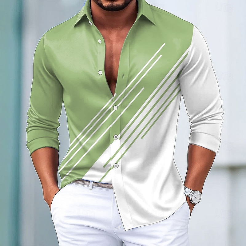Men's Geometric Shirt Satin Shirt Dress Shirt Long Sleeve Fashion Casual Formal Vacation Dailywear Summer Spring Fall Turndown 3D Print Button Up Shirts Blue Purple Green Gray3