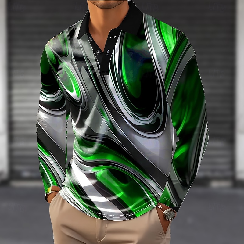 Men's Abstract Geometic Polo Long Sleeve Polo Shirts Lapel Casual Outdoor Street Athleisure Daily Wear 3D Print Buttons Spring Fall Winter Red Purple Green2