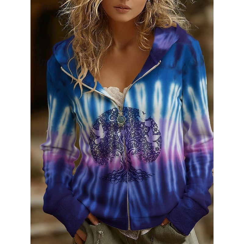 Women's Zip Up Hoodies Pullover Floral Tie Dye Fashion Streetwear Casual Long Sleeve Hooded Regular Tops Dailywear Casual Zipper Print Purple Spring Fall Winter