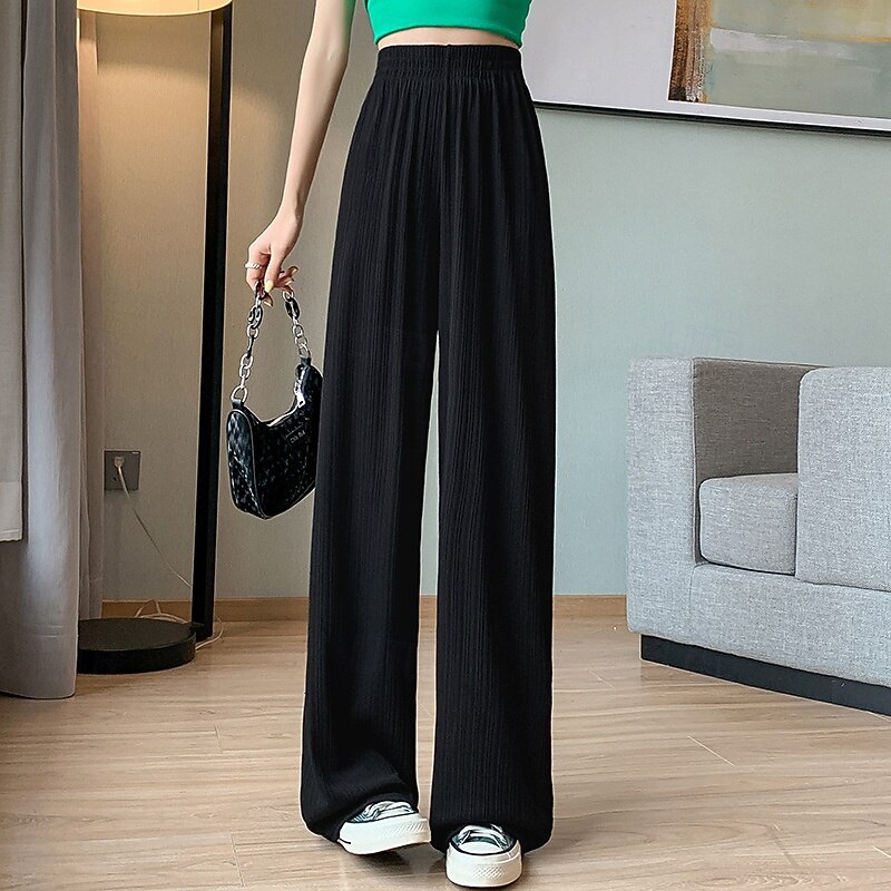 Women's Wide Leg Pants Trousers Palazzo Pants Fashion Streetwear Full Length High Waist Plain Elastic Waist Breathability Comfortable Street Daily Wear Going out Black Green Khaki Beige Spring Fall4
