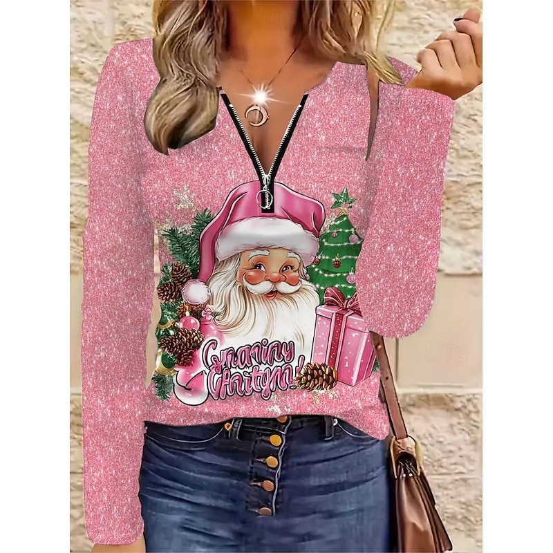 Christmas Women's T Shirt Graphic Santa Claus Vintage Fashion Stylish Long Sleeve Crew Neck V Neck Regular Tops Daily Zipper Print Black Pink Red Spring Fall Winter