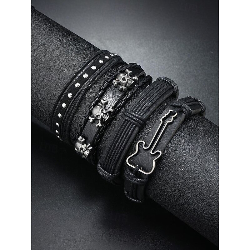 Men's Halloween Skull Leather Wrap Bracelet – Gothic Punk Multi-Layer Wristband with Guitar Charm for Rock Party and Cosplay3