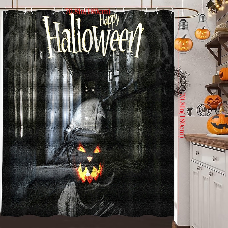 Halloween Shower Curtains Scary Skull Skeleton Ghost Pumpkin Design Waterproof Polyester Fabric Bathroom Decor Set with 12 Hooks Spooky Horror Haunted House Holiday Seasonal Decoration2