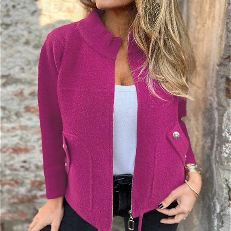 Women's Blazer Comfortable Zipper Pocket Elegant Fashion Outdoor Plain Going out Casual Daily Weekend Cardigan Regular Stand Collar Regular Fit Long Sleeve Outerwear Black Red Blue Spring Fall3