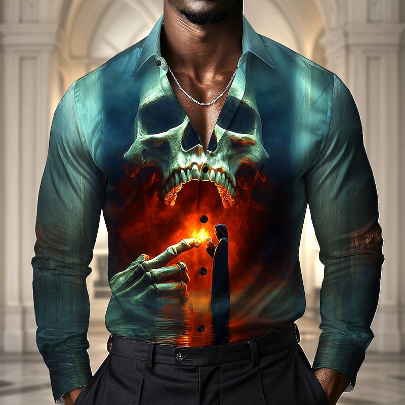 Halloween Men's Skull Grim Reaper Skeleton Shirt Satin Shirt Dress Shirt Long Sleeve Dark Gothic Style Outdoor Holiday Summer Spring Fall Turndown 3D Print Button Up Shirts Green