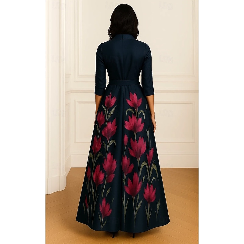 A-Line Mother of the Bride Formal Shirt Dress Elegant Vintage Shirt Collar Floor Length Satin Long Sleeve with Bow(s) Print3