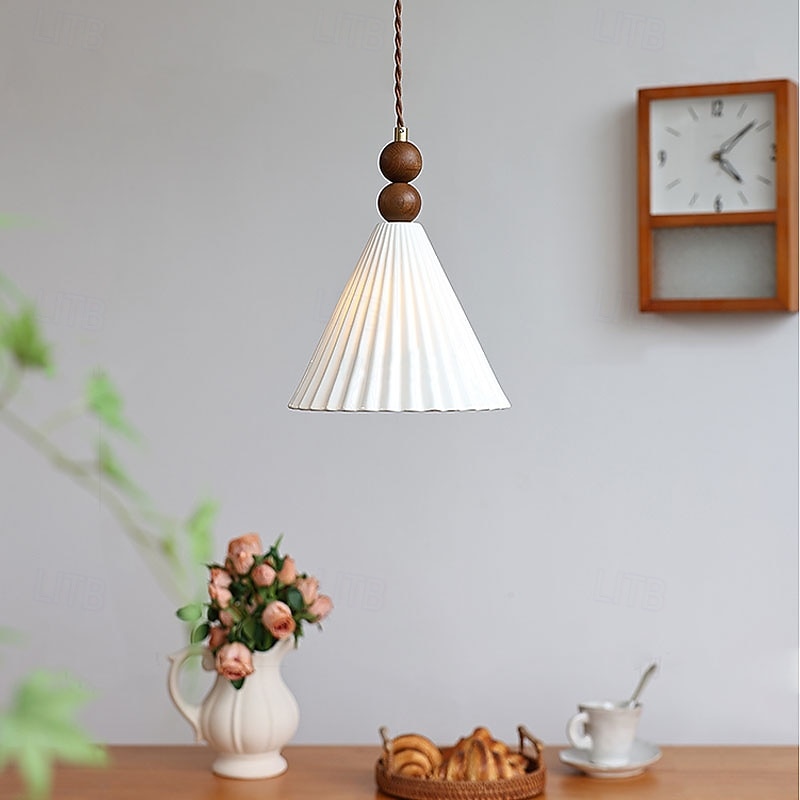 Pleated Fabric Tapered Pendant Light, Ceramic Wood Pendant Light, Hanging Lamp for Dining Room, Restaurant, Bar, Bedroom 85-265V2