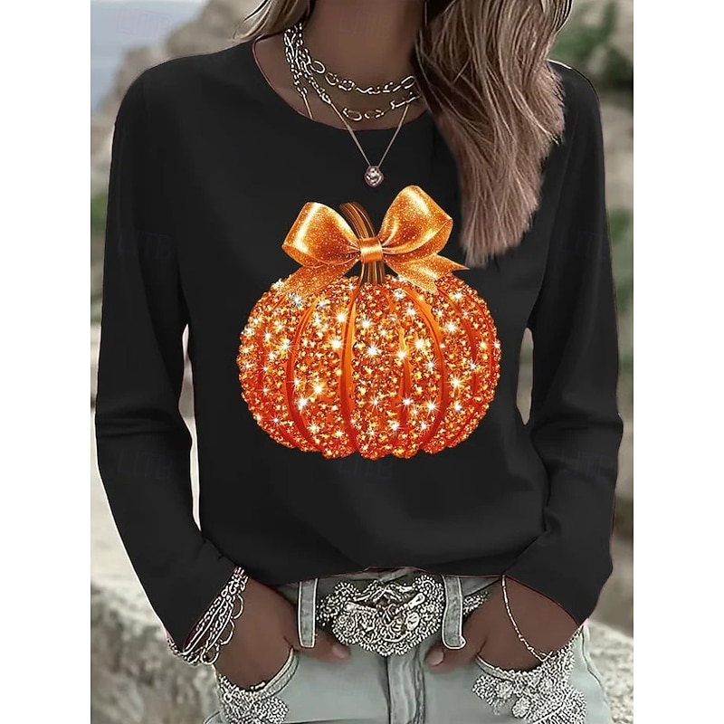Halloween Women's T shirt Pumpkin Graphic Skull Vintage Fashion Stylish Long Sleeve Crew Neck Round Neck Regular Tops Daily Weekend Print Black White Pink Blue Purple Spring Fall Winter2