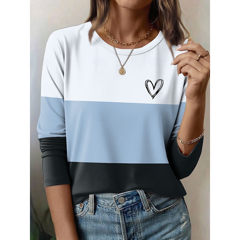 Women's T Shirt Heart Graphic Geometric Vintage Fashion Stylish Long Sleeve Crew Neck Round Neck Regular Tops Daily Weekend Print Blue Purple Green Khaki Summer Spring Fall2