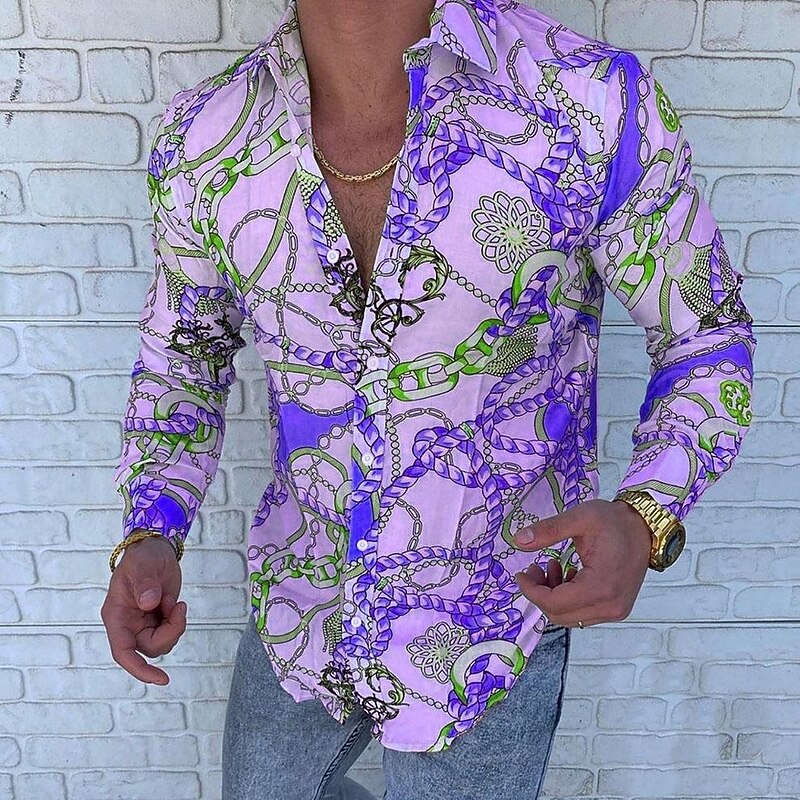 Men's Shirt Button Up Shirt Long Sleeve Designer Punk & Gothic Going out Spring & Summer Standing Collar Patchwork Print Yellow Red Blue Purple3