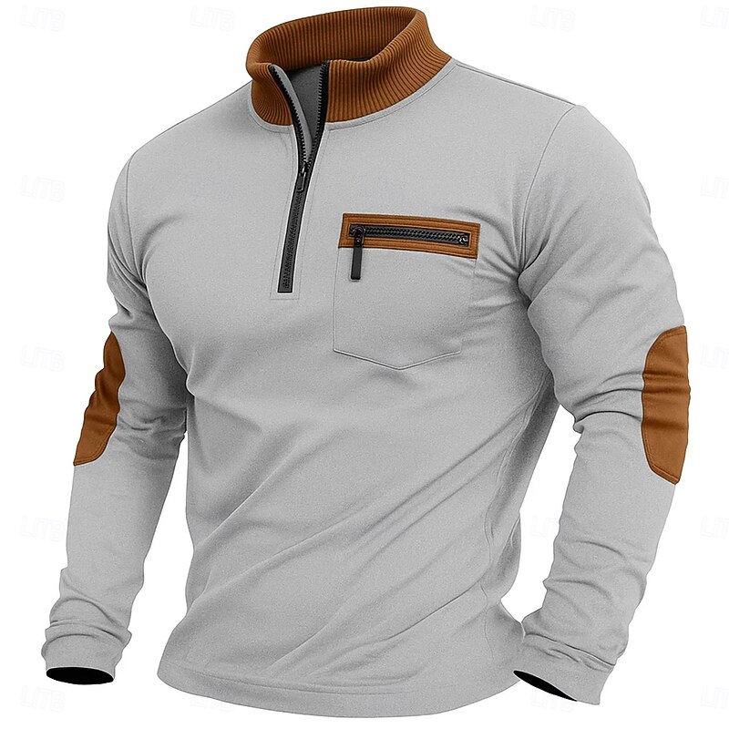 Men's Tee Top Long Sleeve Shirt Long Sleeve Stand Collar Half Zip Summer Solid Color Daily Casual Street Style Pockets Color Block Outdoor Street Causal Black Wine Navy Blue Top Tee for Men2