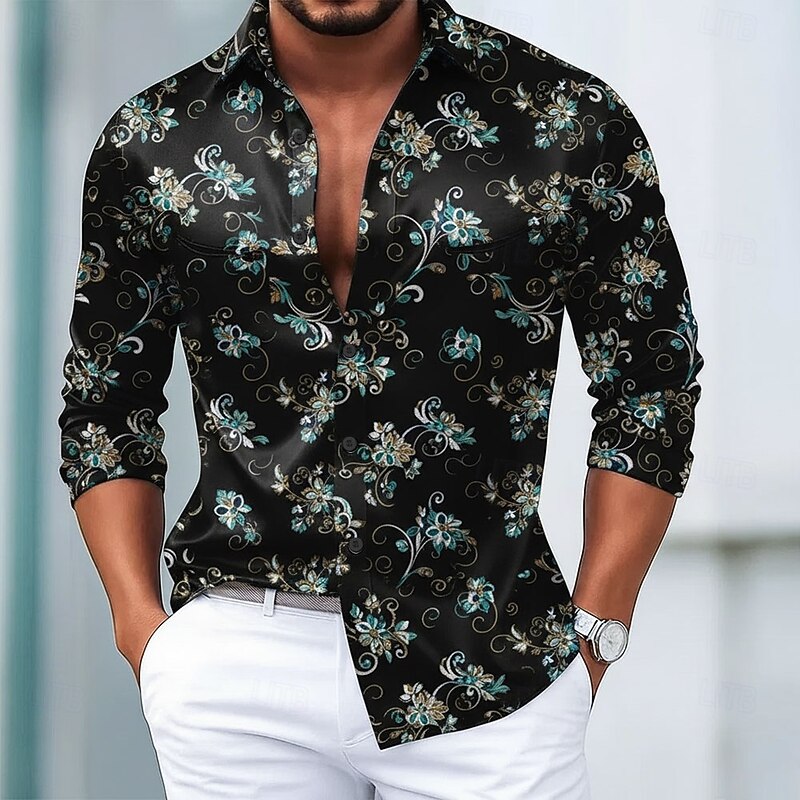 Men's Floral Print Flowers Shirt Satin Shirt Dress Shirt Long Sleeve Vintage Retro Vacation Dailywear Summer Spring Fall Turndown 3D Print Button Up Shirts Black White Red Blue3