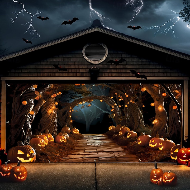 Halloween Tapestry Garage Door Cover Large Hanging Backdrop Pumpkin Cemetery Dark Punk Gothic Style Party Outdoor Shooting Backgrounds Yard Haunted House Home Decor3