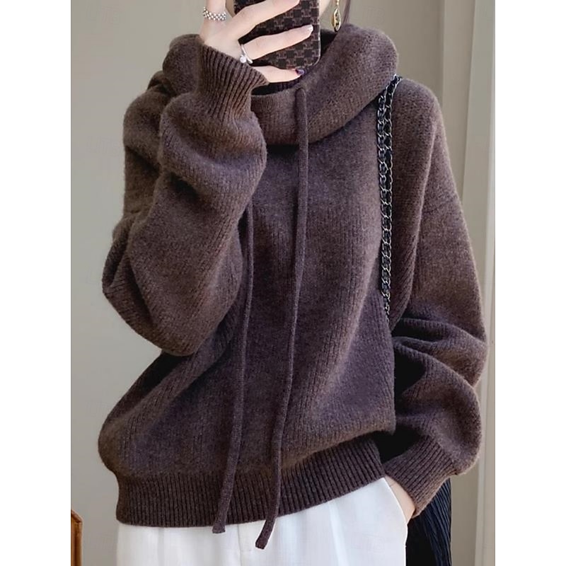 Women's Sweater Casual Soft Pure Color Ribbed Hooded Knitted Hooded Long Sleeve Regular Tops Knit Outdoor Daily Weekend Navy Blue Blue Fall Winter4