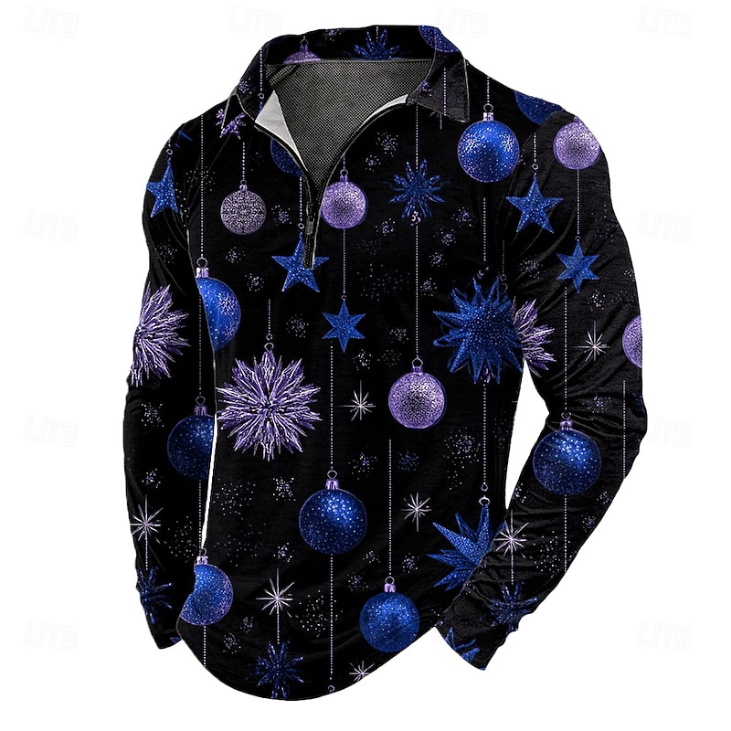 Christmas Men's Bells Zip Polo Shirts Long Sleeve Polo Shirts Lapel Casual Outdoor Festival Outfit 3D Print Fall Winter Lake blue Red Blue3