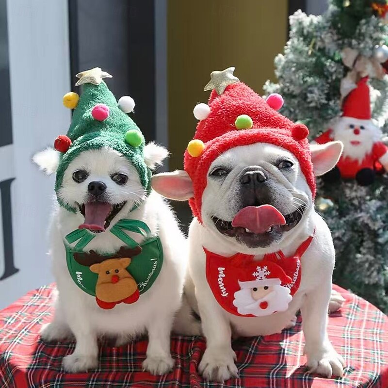 Christmas Tree Pom-Pom Hat & Bandana for Pets Dog Cat Xmas Costume Set with Scarf Bib, Adorable Holiday Outfit for Small Dogs Puppy Teddy French Bulldog Pomeranian