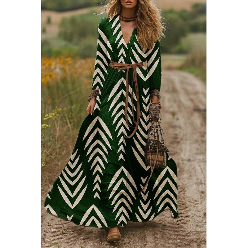 Women's Maxi Dress A Line Dress Pleated Dress Fit And Flare Dress Boho Date Going out Loose Fit Floral Graphic Long Sleeve V Neck Purple Brown Green Spring Fall Winter Autumn