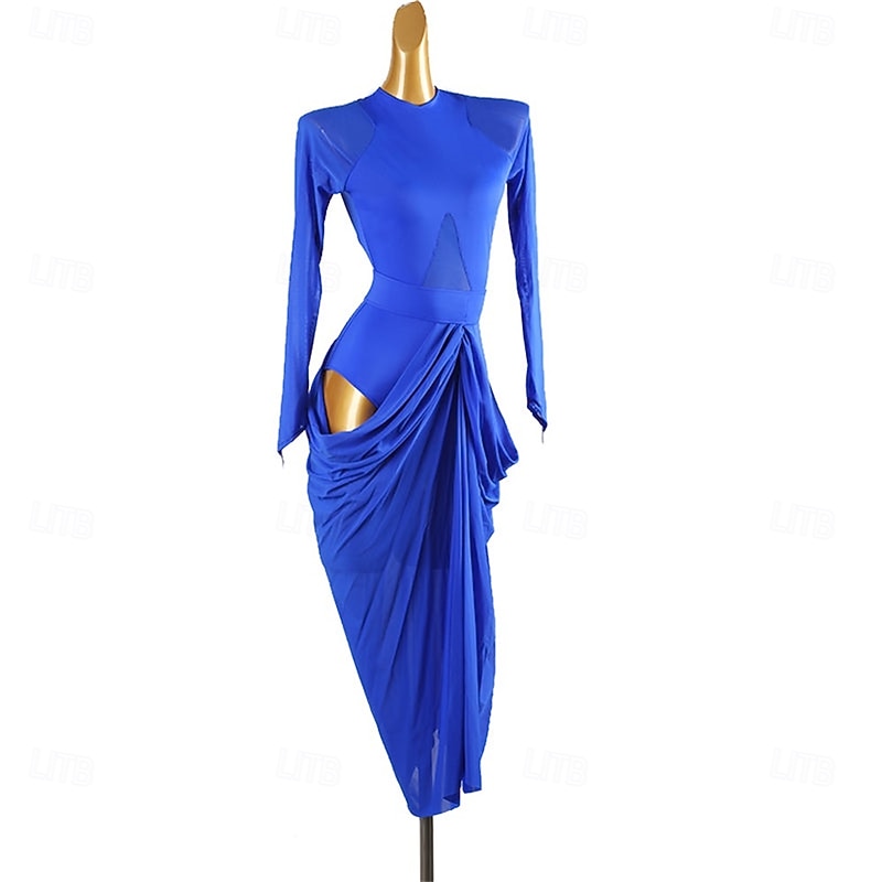 Women's Royal Blue Latin Dance Dress with Long Sleeves, Draped Skirt Detail, and Cut-Out Sides – Ideal for Salsa, Rumba, and Performance Wear2